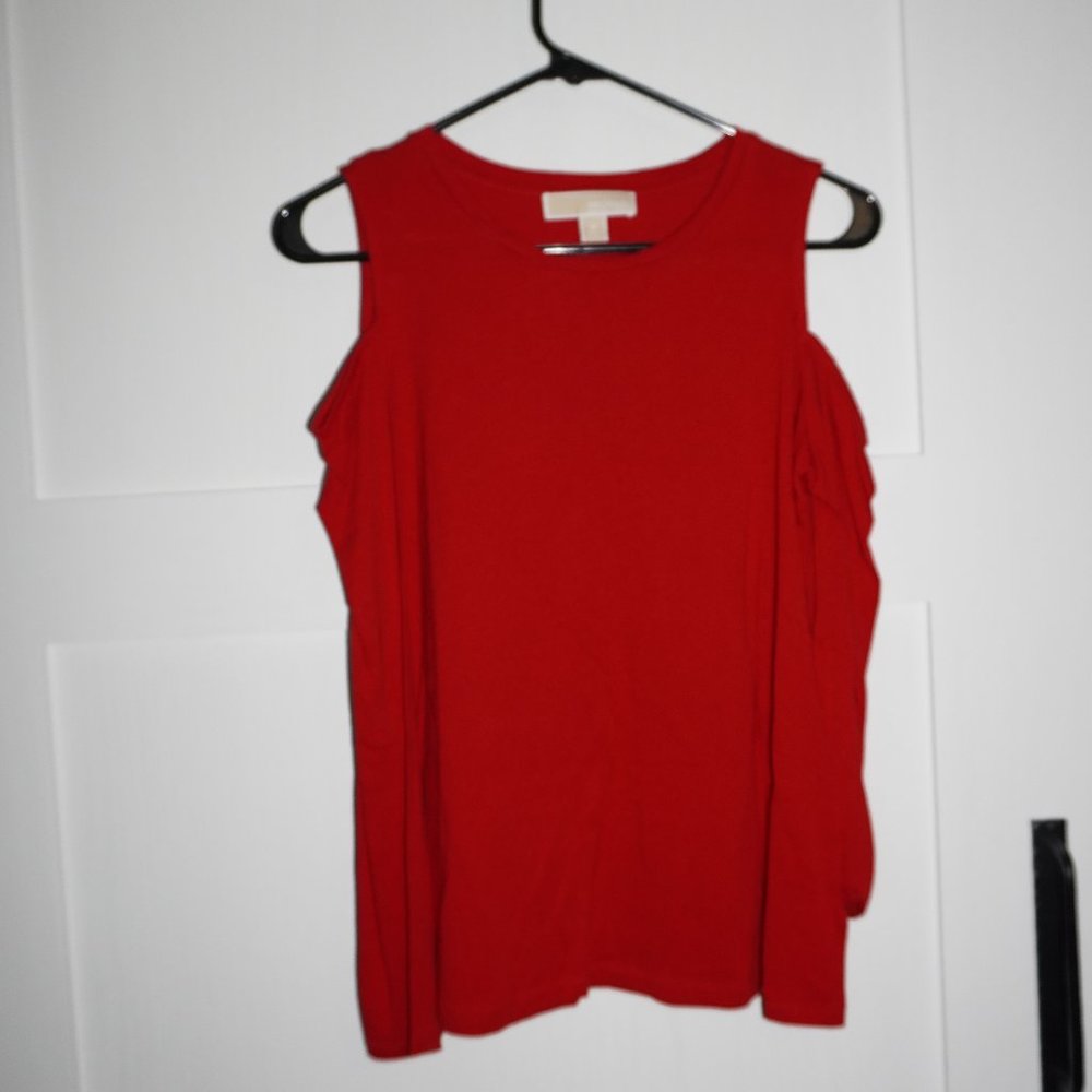 Michael Kors Open Shoulder, Red Long Sleeve Shirt